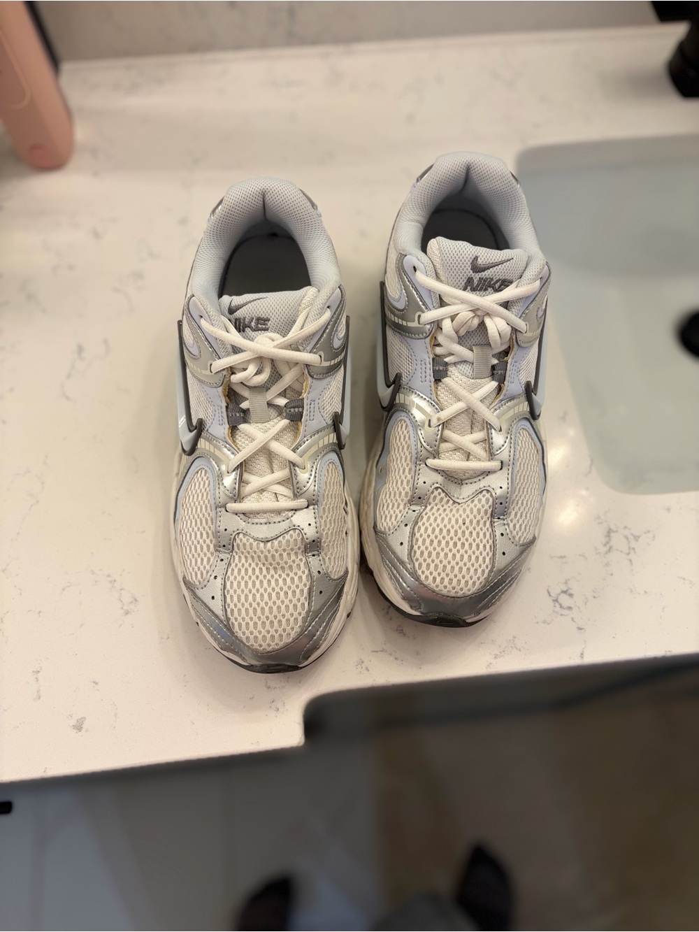 Nike White and Silver Women's Mesh Running Sneakers